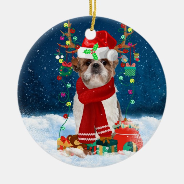 Adorno De Cerámica Perro Shih Tzu en la nieve con regalos de Navidade (Frente)