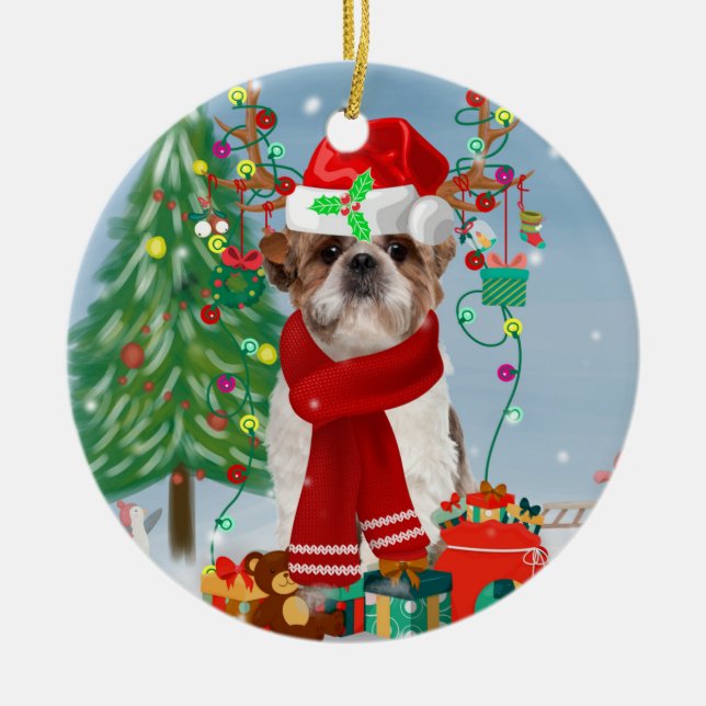 Adorno De Cerámica Perro Shih Tzu en Navidades de nieve (Frente)