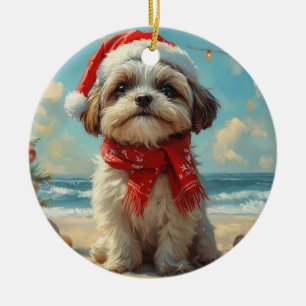 Adorno De Cerámica Perro Shih Tzu Navidad Playa Vintage