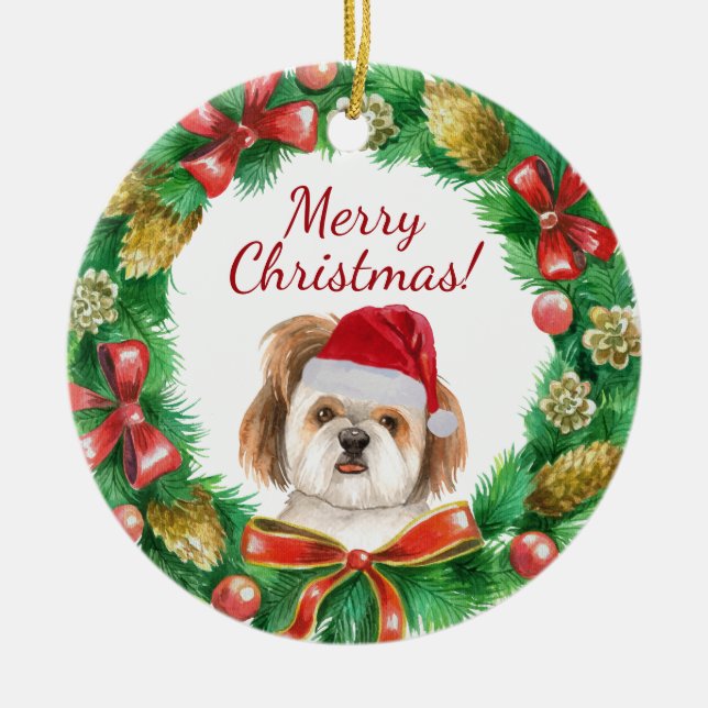 Adorno De Cerámica Perro Shihtzu Feliz navidad (Frente)