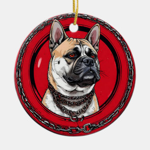 Adorno De Cerámica Perro sobre un fondo rojo con cadenas