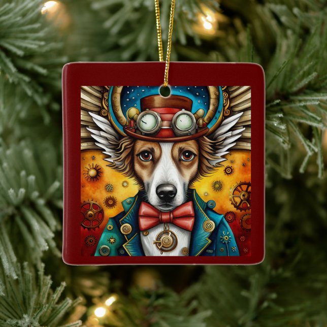 Adorno De Cerámica Perro Steampunk con alas (Árbol)
