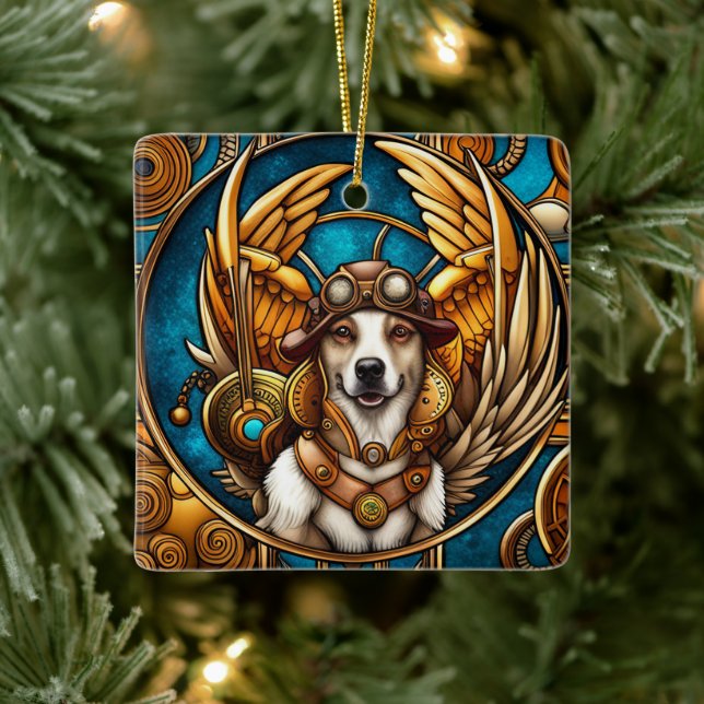 Adorno De Cerámica Perro Steampunk con alas (Árbol)