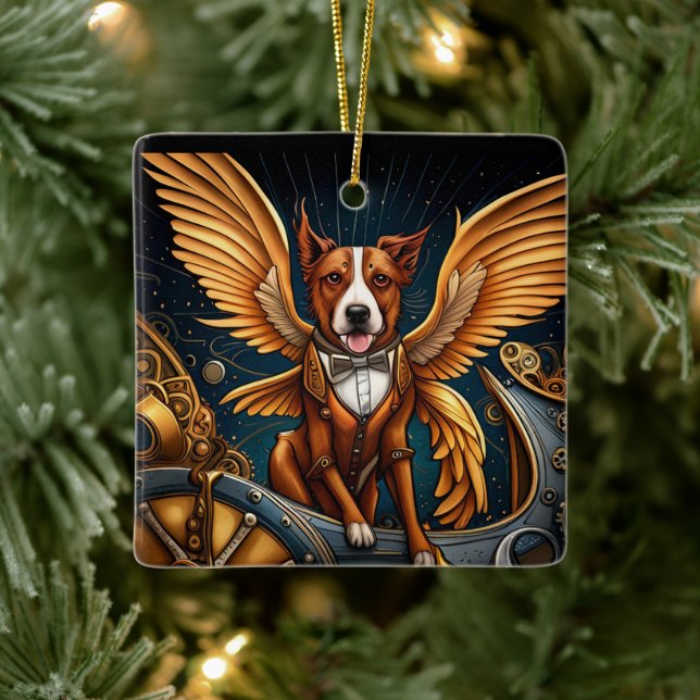 Adorno De Cerámica Perro Steampunk con alas (Árbol)