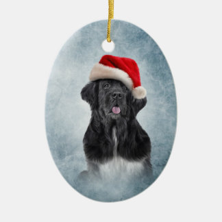 Adorno De Cerámica Perro Terranova en el gorra rojo de Papá Noel
