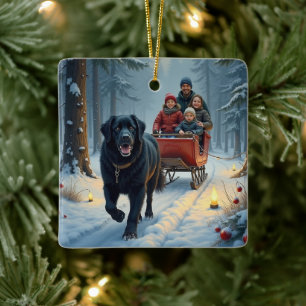 Adorno De Cerámica Perro Terranova Paseo en Trineo Nevado Navidad