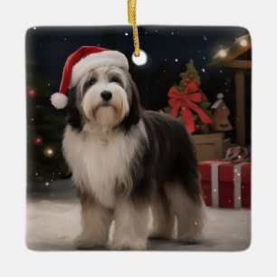 Adorno De Cerámica Perro Terrier Tibetano en Navidad de Nieve 