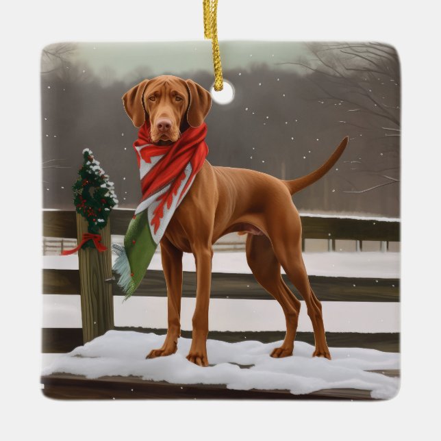 Adorno De Cerámica Perro Vizsla en Navidades de nieve (Anverso)