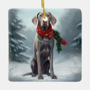 Adorno De Cerámica Perro Weimaraner en Navidades de nieve