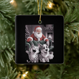 Adorno De Cerámica Perro y gato divertidos selfie con Santa Navidad