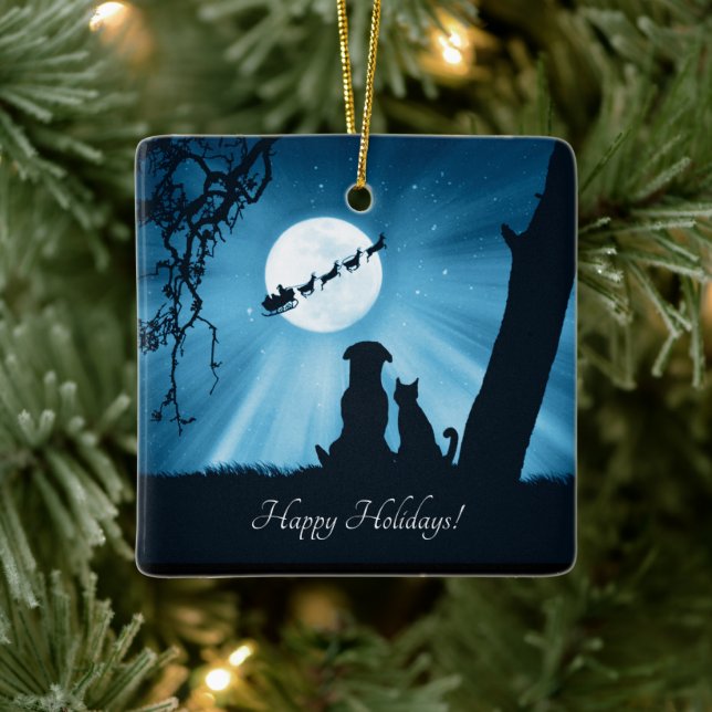 Adorno De Cerámica Perro y gato lindo Felices fiestas navideñas (Árbol)