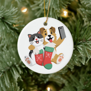 Adorno De Cerámica Perro y gato lindo selfie de Navidad – Divertidas