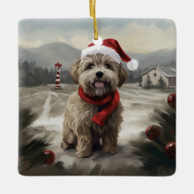 Adorno De Cerámica Perro Yorkipoo en Navidades de nieve (Anverso)