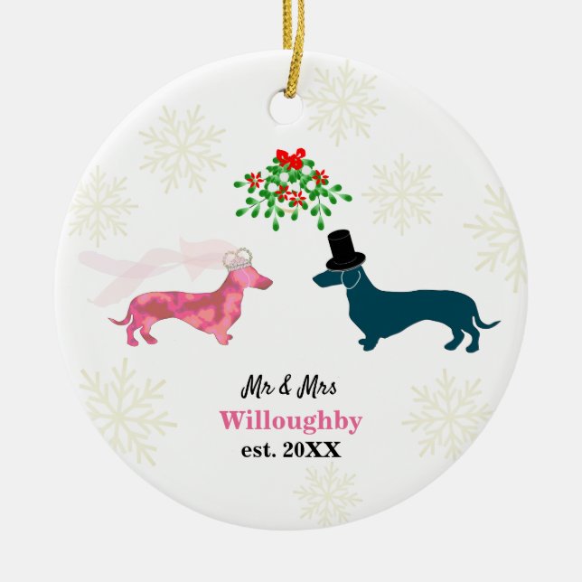 Adorno De Cerámica Perros Cute Mistletoe Navidades de recién casados  (Frente)