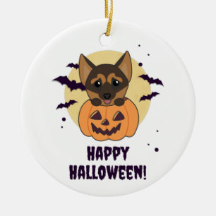 Adorno De Cerámica Perros de la Calabaza Pastora Alemana Feliz Ceram