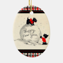 Adorno De Cerámica Perros escoceses felices año nuevo