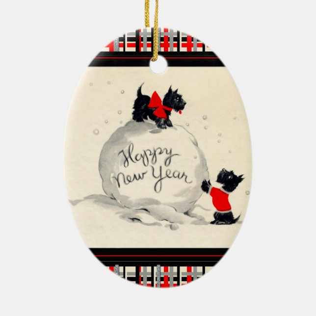 Adorno De Cerámica Perros escoceses felices año nuevo (Atrás)
