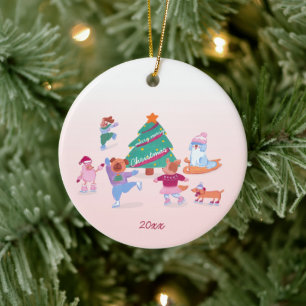 Adorno De Cerámica Perros pequeños, patinaje sobre hielo, Navidades r