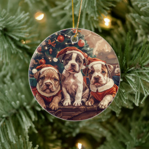 Adorno De Cerámica Perros Pit Bull Cachorros de Navidad