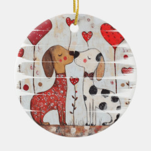 Adorno De Cerámica Perros románticos con globos en forma de corazón