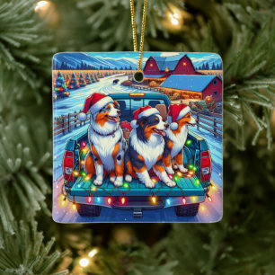 Adorno De Cerámica Perros viajando en camión contra Navidades de gran