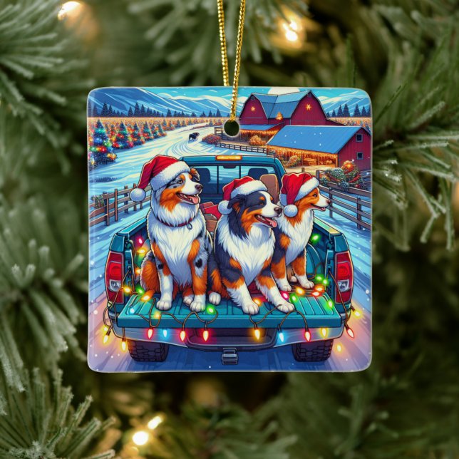 Adorno De Cerámica Perros viajando en camión contra Navidades de gran (Árbol)
