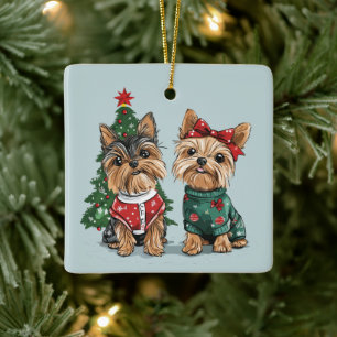 Adorno De Cerámica Perros Yorkie de Navidad