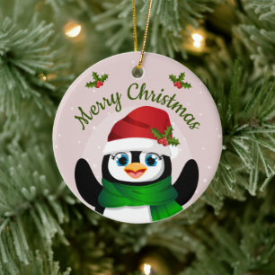 Adorno De Cerámica Personaje de pingüino de Navidad lindo con acebo y