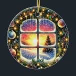 Adorno De Cerámica Personalice a los niños de Wreath Winter Wonderlan<br><div class="desc">¡Celebra la alegría de los Navidades con un adorno personalizado que es tan único como tus pequeños! En la parte delantera hay una hermosa corona de Navidades acuáticas iluminada con adornos, que enmarcan una ventana con un sol abrasador sobre un maravilloso paisaje invernal. Los colores son impresionantes. El nombre de...</div>