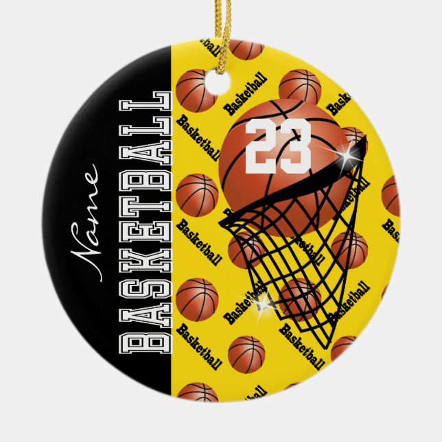 Adorno De Cerámica Personalice el baloncesto amarillo (Frente)