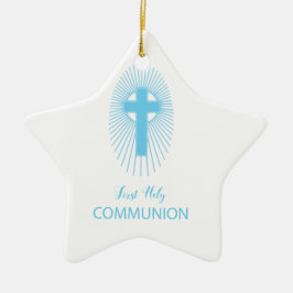 Adorno De Cerámica Personaliza, Cruz de Primera Comunión Azul con Hos