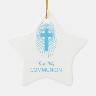Adorno De Cerámica Personaliza, Cruz de Primera Comunión Azul con Hos