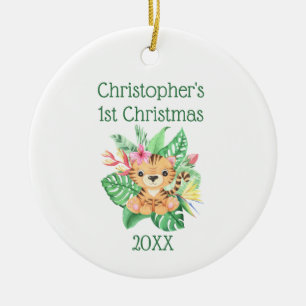Adorno De Cerámica Personaliza el 1er Navidad del Bebé Tigre Verde de