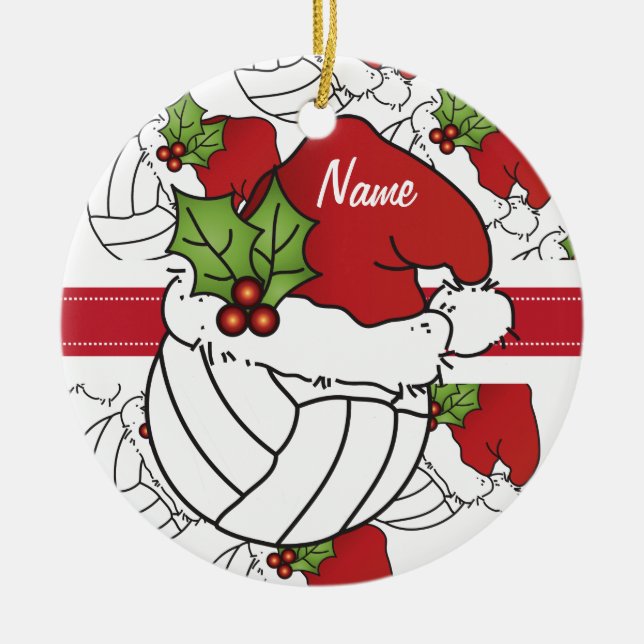 Adorno De Cerámica Personaliza el voleibol de Navidades de Santa Hat (Frente)
