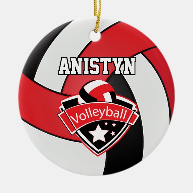 Adorno De Cerámica Personaliza el voleibol en rojo, blanco y negro (Frente)