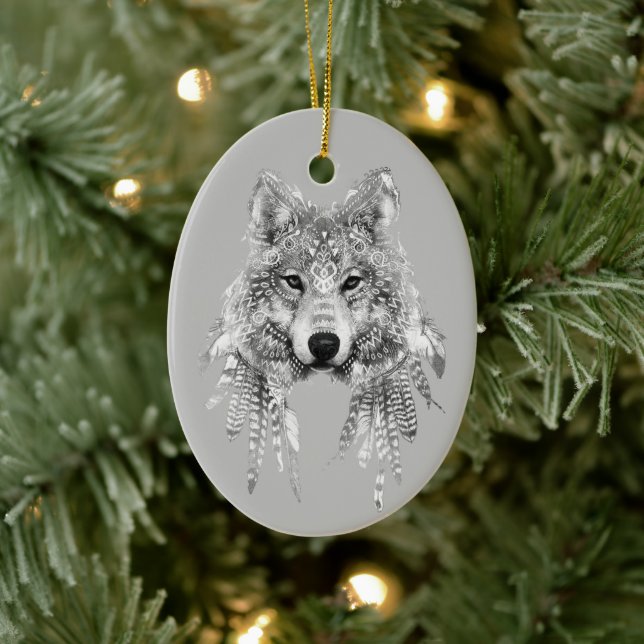 Adorno De Cerámica Personalizable Boho Wolf (Árbol)