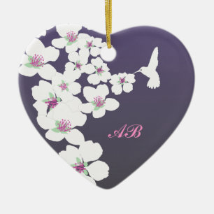 Adorno De Cerámica Personalizable: Colibrí y flor en púrpura