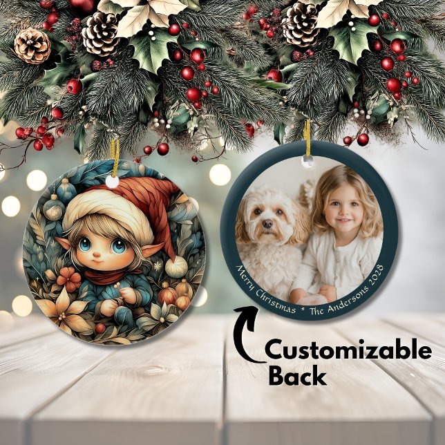 Adorno De Cerámica Personalizable Elf de Navidades Adorables (Adorable Christmas Elf Customizable Ceramic Ornament)