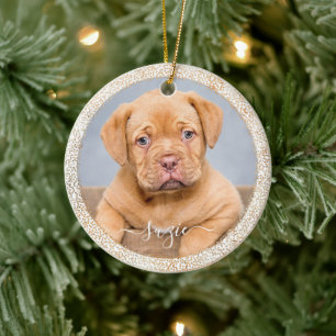 Adorno De Cerámica Personalizable Mascota Dog Photo Gold Purpurina en