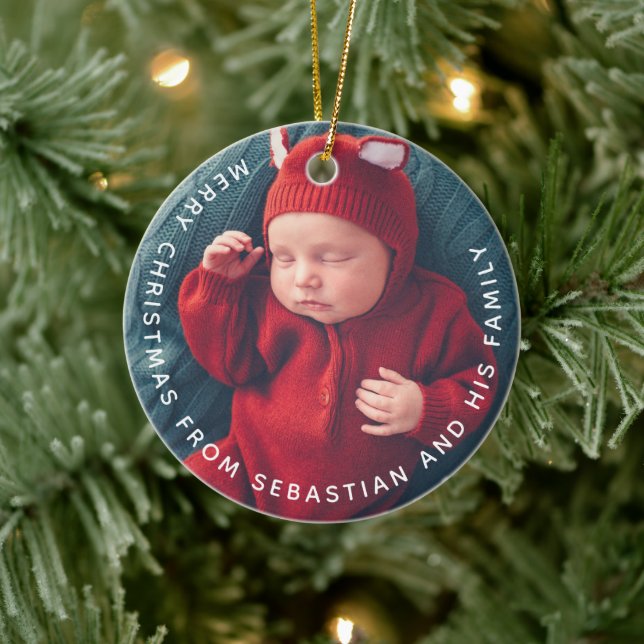 Adorno De Cerámica Personalizable Texto y foto Elegante Feliz Navidad (Árbol)