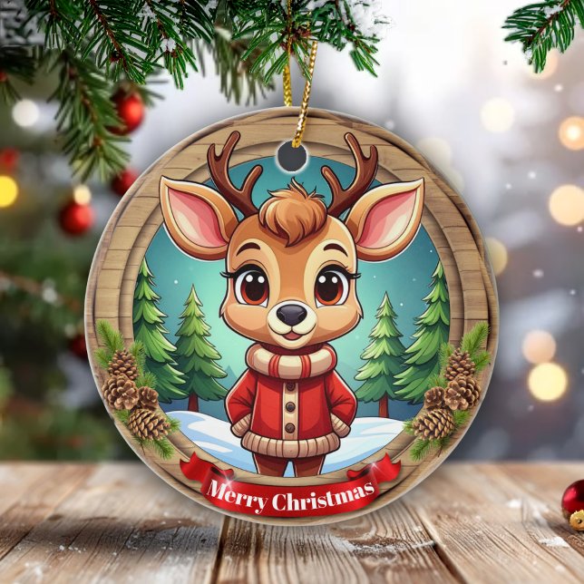 Adorno De Cerámica Personalizable Wildlife Winter Animal Holiday 🦌🎄 (Personalizable wildlife winter animal holiday ceramic ornament Editable reindeer pine xmas decor 🎄)