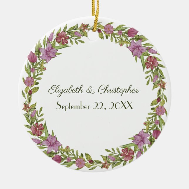 Adorno De Cerámica Personalización de la fecha de Boda floral verde r (Frente)