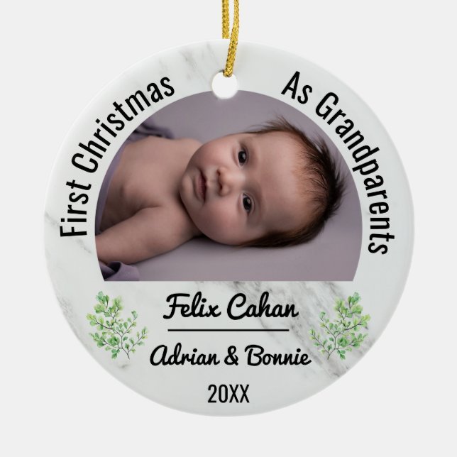 Adorno De Cerámica Personalizado 2 Foto Primera Navidad como abuelos  (Frente)