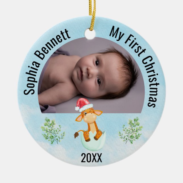 Adorno De Cerámica Personalizado 2 fotos de bebés Mi primera Navidad  (Frente)