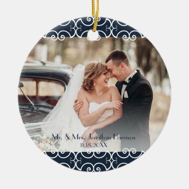 Adorno De Cerámica Personalizado 2 Mares Navy Blue Elegant 2 Boda de  (Frente)