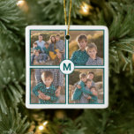 Adorno De Cerámica Personalizado 4 Collage de fotos con monograma Ver<br><div class="desc">Crea tu propio collage de fotos con 4 imágenes en una cuadrícula cuadrada cada una con finos bordes azul-verde sobre un fondo blanco. Un círculo blanco con un borde verde azulado se solapa en las esquinas de las fotos del centro y muestra el monograma con una letra verde azulada en...</div>