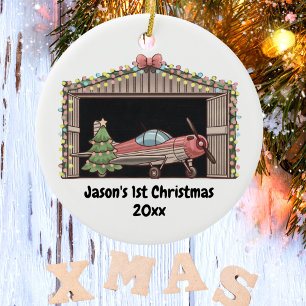 Adorno De Cerámica Personalizado, Avión Rojo y Árbol, Primera Navidad