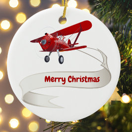 Adorno De Cerámica Personalizado, avión rojo y Santa, Feliz Navidad