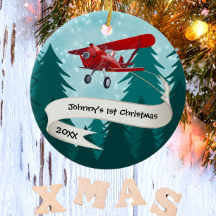 Adorno De Cerámica Personalizado, Avión Rojo y Santa, Primer Navidad