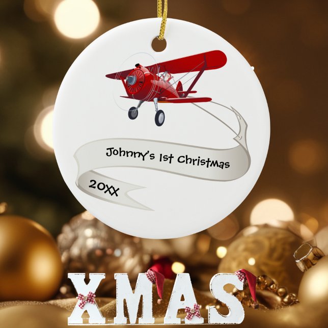 Adorno De Cerámica Personalizado, Avión Rojo y Santa, Primera Navidad (Subido por el creador)